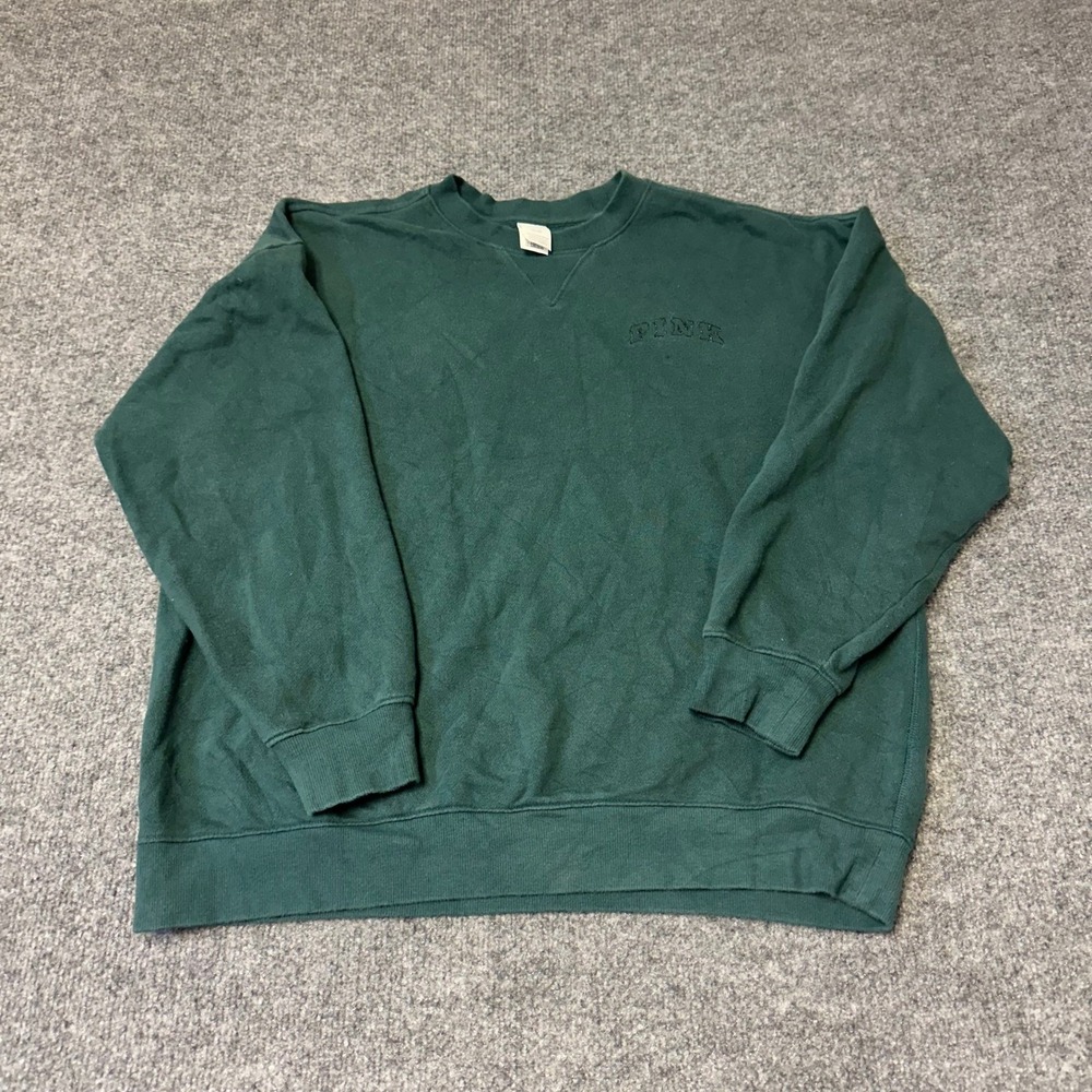 Pink Sweatshirt Womens Size S Green Crew Neck Embroidered Logo Pullover Relaxed